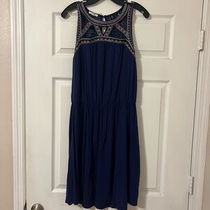 Navy Blue Embroidered Sleeveless Dress